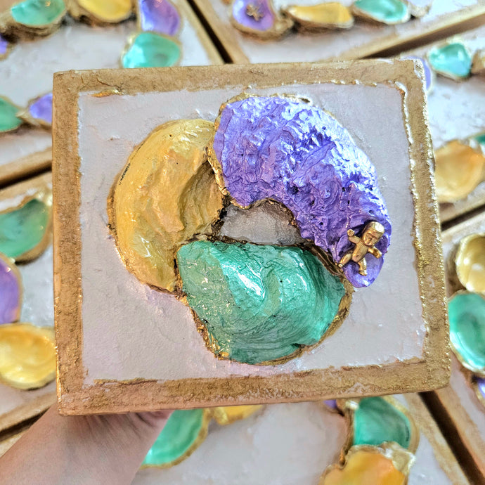 Mini Oyster King Cake on Wooden Plaque
